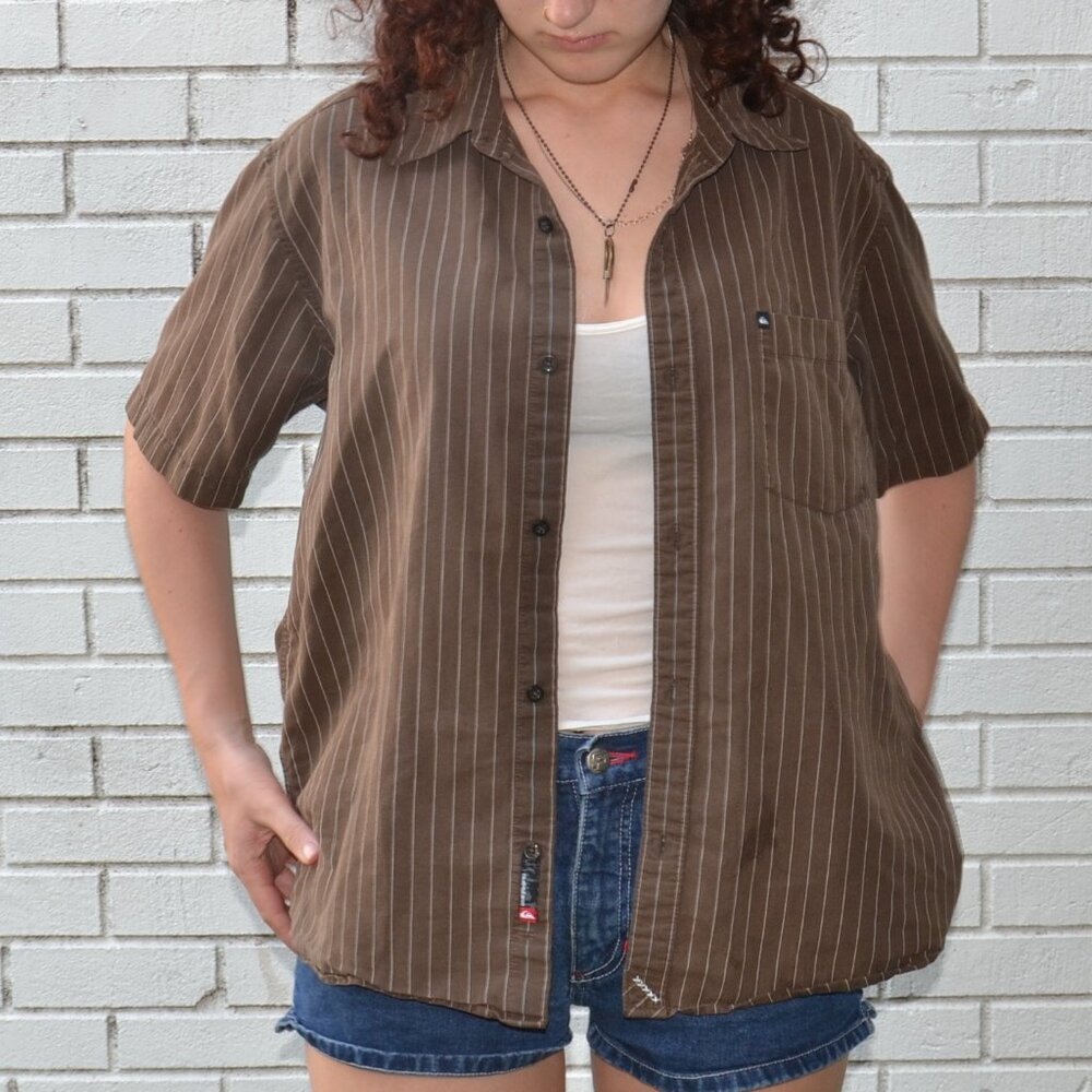 Quicksilver pin-stripped brown button up